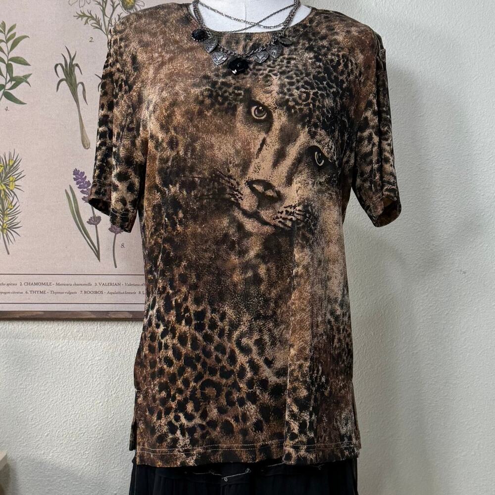 Vintage 80s 90s Slinky Stretch Leopard Oversized Top Grunge Goth Punk S M L